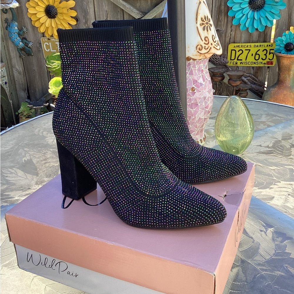 Wild Pair Black Iridescent Rhinestone Sock Booties - Block Heel Glam